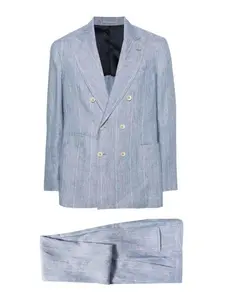 BRUNELLO CUCINELLI MEN'S CELESTE LINEN DOUBLE-BREASTED SUIT