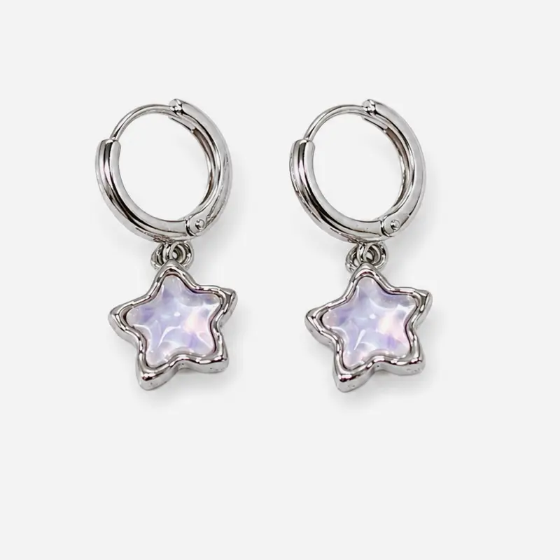 Y2K Iridescent Star Huggie Hoop Earrings | Silver Celestial Dangle Earrings