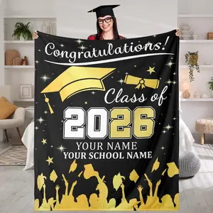I graduated！Custom Class of 2026 Graduation Blanket, Black Gold Graduation Cap Throw Blanket, Personalized Name & School Keepsake Gift