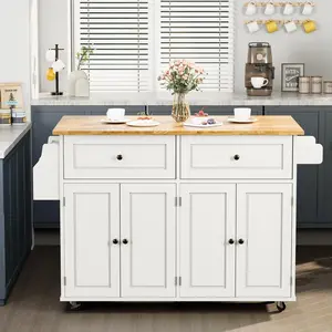 52" White Kitchen Storage Island Cart - Rolling Drop Leaf Design with 2 Drawers, Cabinets & Towel Rack