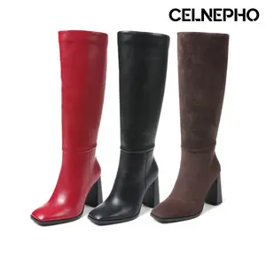 CELNEPHO Womens Tall Boots Square Toe Fashion Knee High Booties Block Heel Side Zipper Closure Easy Pull on Modern Boot Formal Casual Wear Party Outdoor Events Dress Shoes