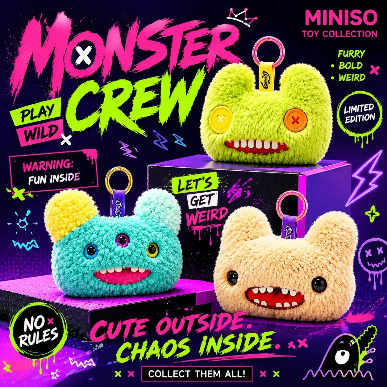 MINISO Fuggler Monster Shopping Bag – Cute Reusable Tote, Perfect Gift for Fuggler Fans, Adorable Eco-Friendly Grocery Bag Designed as a Fluffy Little Monster with Googly Eyes & Mischievous Grin!