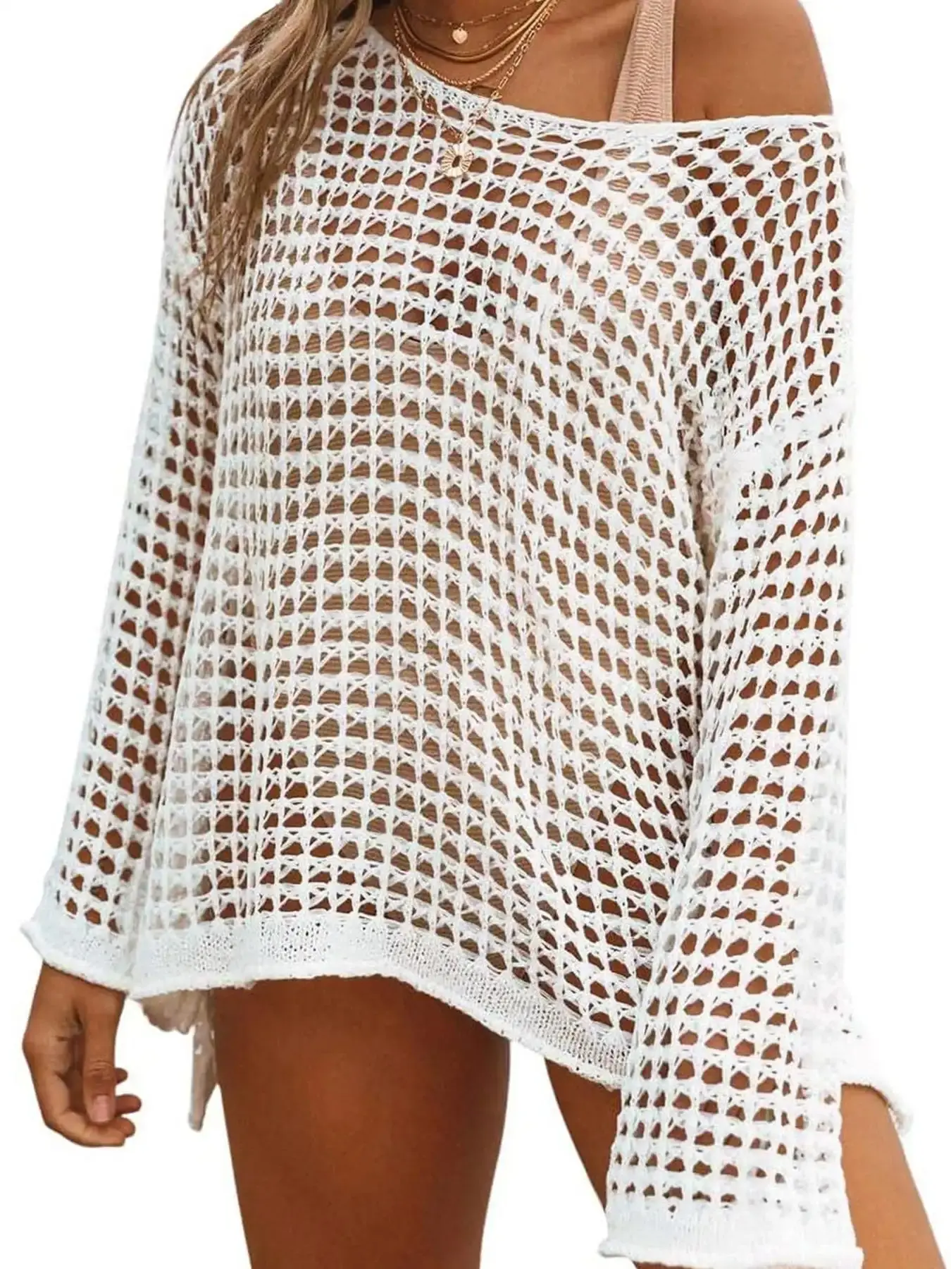 Women's Crochet Hollow Out Side Split One Shoulder Cover Up, Fashion Casual Drop Shoulder Long Sleeve Top for Women Beach Holiday Vacation, Summer Outfits 2024 , Swimsuits 2024 Women, Women's Summer Back To School Clothing