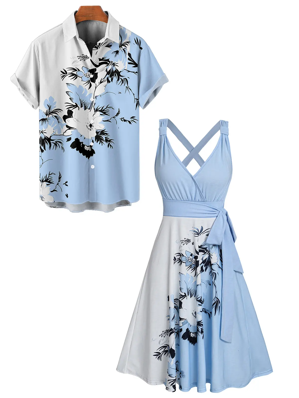Vacation Couple Outfit Women's Floral Leaf Pattern Contrast Color Surplice A Line Belt Dress and Men's Roll Up Sleeve Shirt Casual Matching Outfit