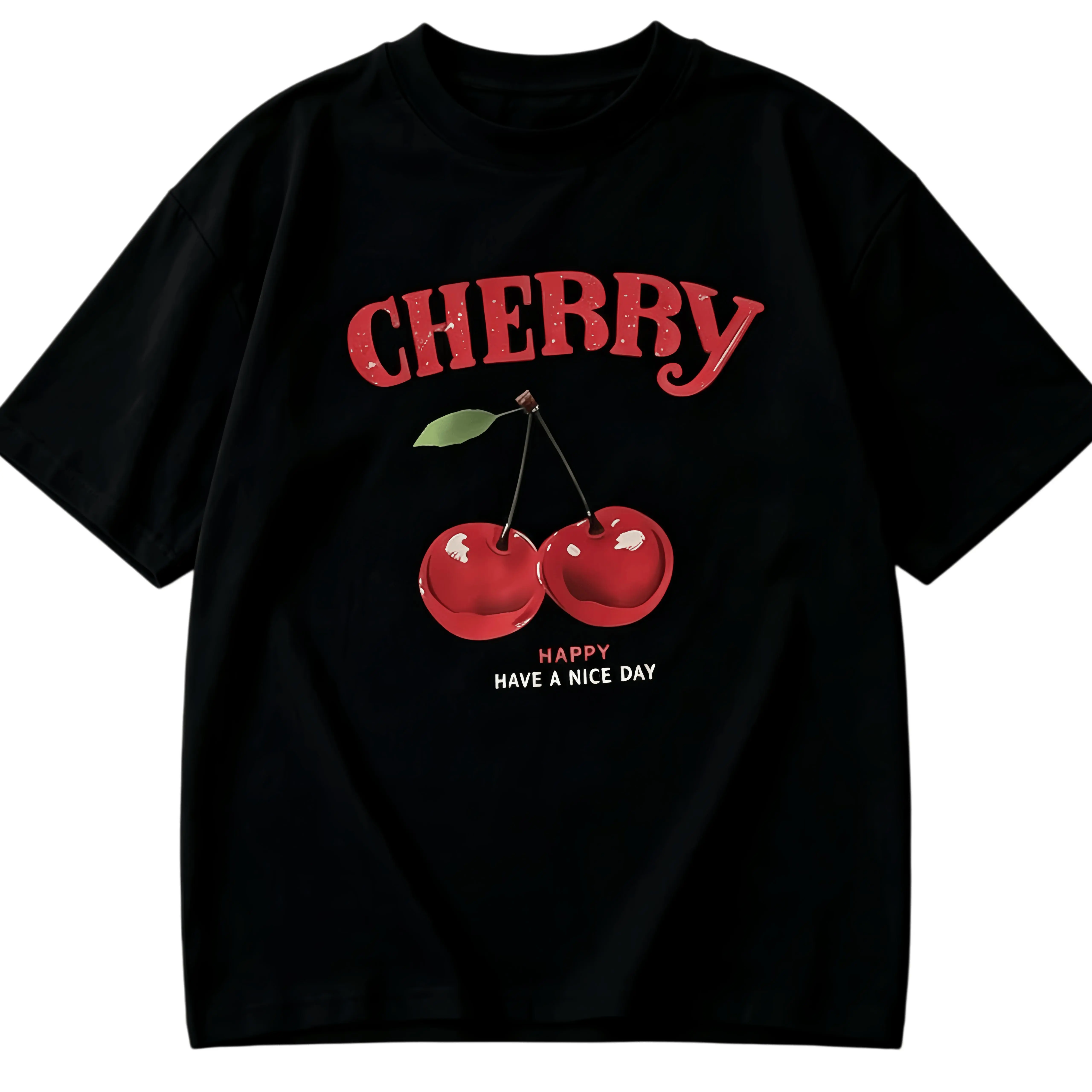 Cherry Pattern And Letter Printed T-Shirt, Round Neck Short Sleeve Casual Top, Suitable For Women Spring,Summer T Shirt, Unisex T Shirt,  Graphic Tees, Funny T Shirts Crewneck Fabric