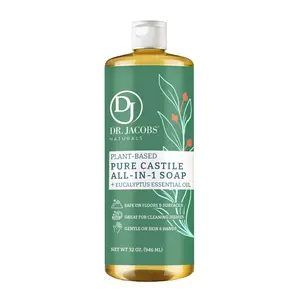 Dr. Jacobs's Natural Plant-Based Pure Castile Soap + Eucalyptus Essential Oil 32 oz (946 mL) for Cleansing and Skin Comfort Body Care Scent