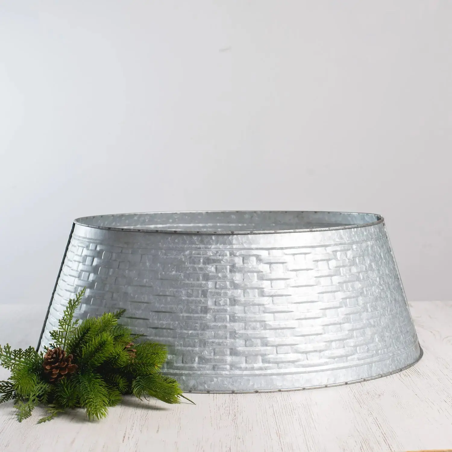 Textured Galvanized Metal Christmas Tree Collar, Festive Home Decoration