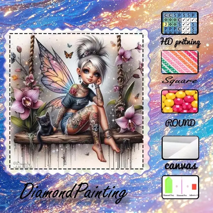 5D-DIY, high-grade velvet canvas, diamond art, diamond painting kits, fairy, flowers, black cat AB diamonds, fairy dust diamonds, crystal diamonds, perfect home decor, handmade diamond art painting kits, special craft diamond art kits, Diamond Art Tools