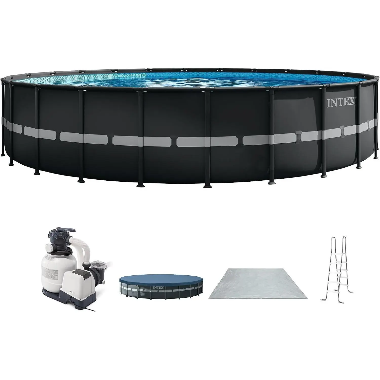 HUFHGGRT Ultra XTR 24ft x 52in Round Above Ground Swimming Pool Set w/Pump | 26363EH - 2100 GPH Sand Filter Pump, Ladder, Pool Cover & Ground Cloth Included - Strong Galvanized Steel Frame