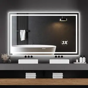 LED Bathroom Mirror 60X36“ Wall-Mounted Vanity Mirrors Stepless Dimmable Wall Mirrors with 3X Magnification, Anti-Fog, Backlit + Front Lit, Memory Function, Waterproof, Tempered Glass Modern