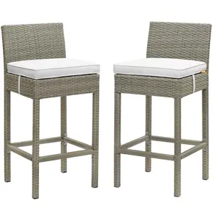 Modway Conduit Bar Stool Outdoor Patio Wicker Rattan Set of 2 in Light Gray White