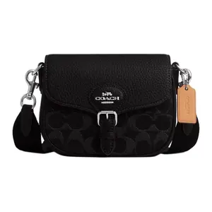 COACH Amelia 16 Crossbody Bag for Women – Signature Denim and Soft Pebbled Leather with Snap Closure, Black and Silver