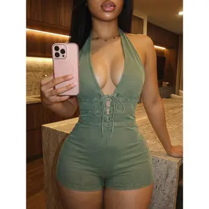 Y2k Lace Up Ribbed Unitard Rompers One Piece Jumpsuit Rave Bodysuit Club Outfits