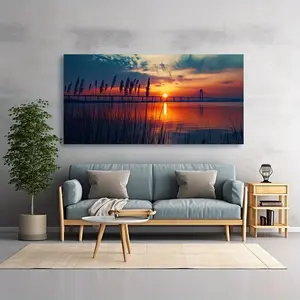 Modern Framed Canvas Abstract Landscape Art: Sunset & Bridge—Featuring Vibrant Sunset Tones and a Serene Scene of a Lake and Bridge; High-Quality Print, Perfect for Decorating Living Rooms, Bedrooms, and Offices.