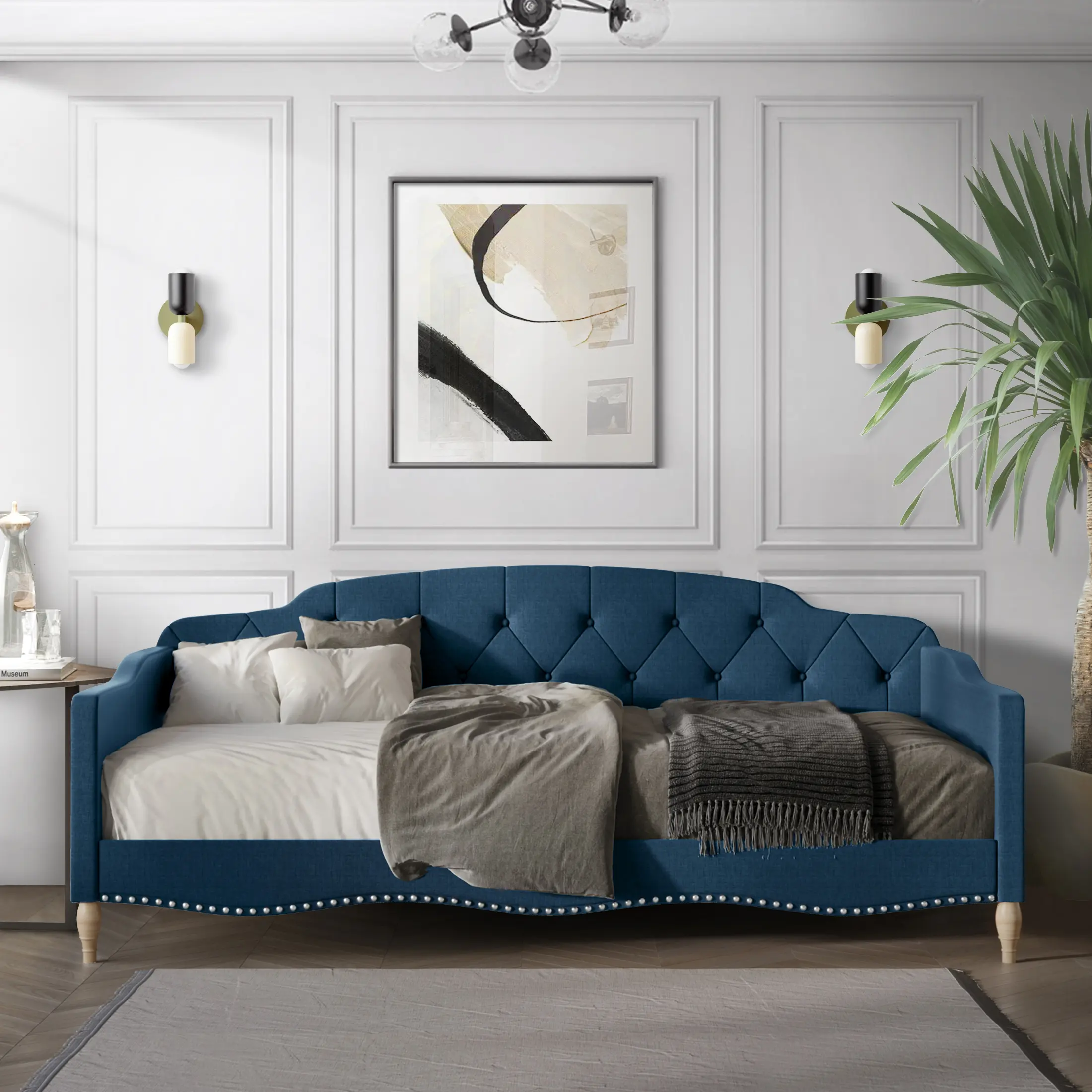 Mira Linen Upholstered Daybed – Diamond Tufted Design with Nailhead Trim, Solid Wood Base, Classic Comfort