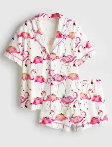 Flamingos Making A Splash Long Sleeve Satin Pajama Set, Pink Flamingo Print Luxury Loungewear, Tropical Summer Vacation Sleepwear, Women’s Short Satin Pajama Set – Soft Silk Sleepwear