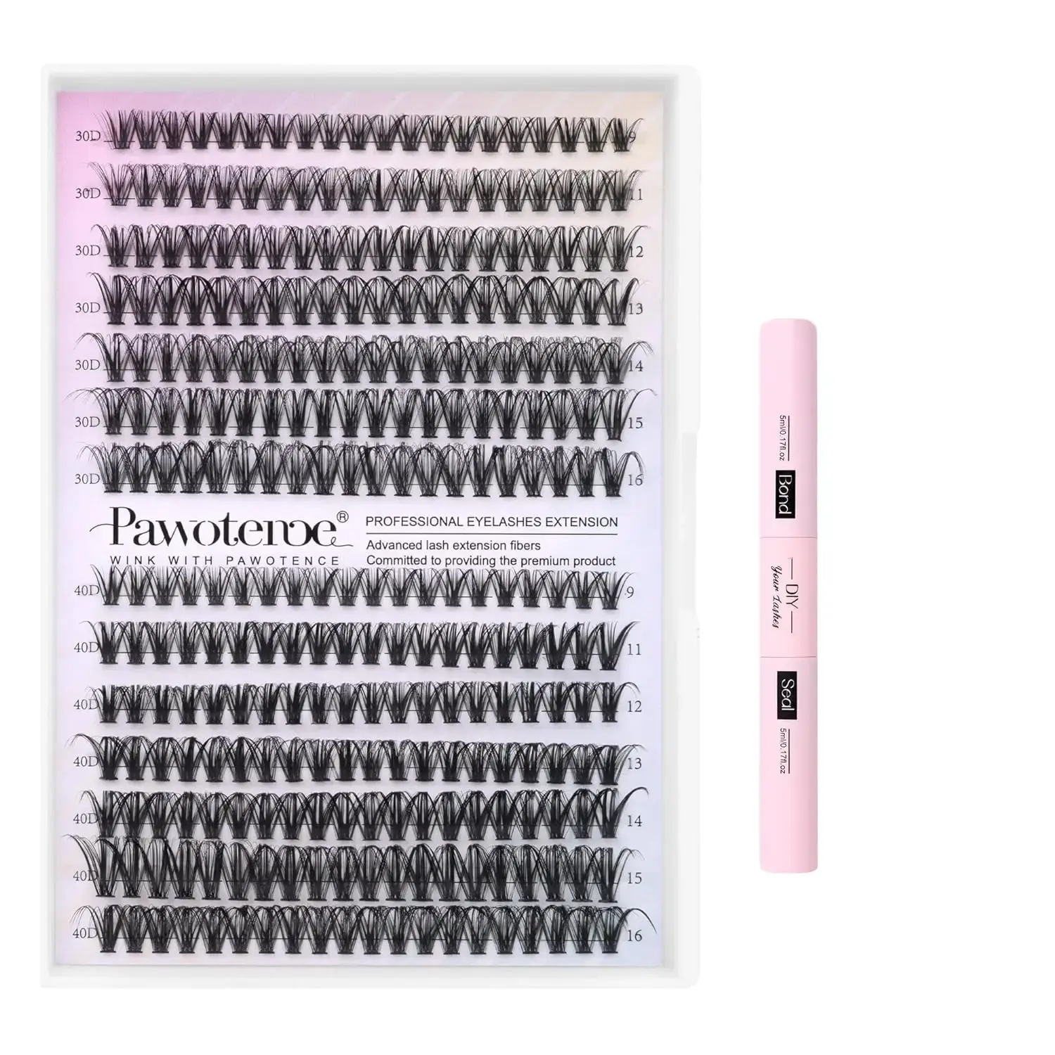 Pawotence Lash Extension Kit DIY 280pcs Lash Clusters Eyelash Extension Kit, 9-16mm Mix 30D 40D Curl Individual Lashes Kit with Lash Bond and Seal Lash Tweezers for Self Use(30D&40D-0.07D-9-16MIX KIT)