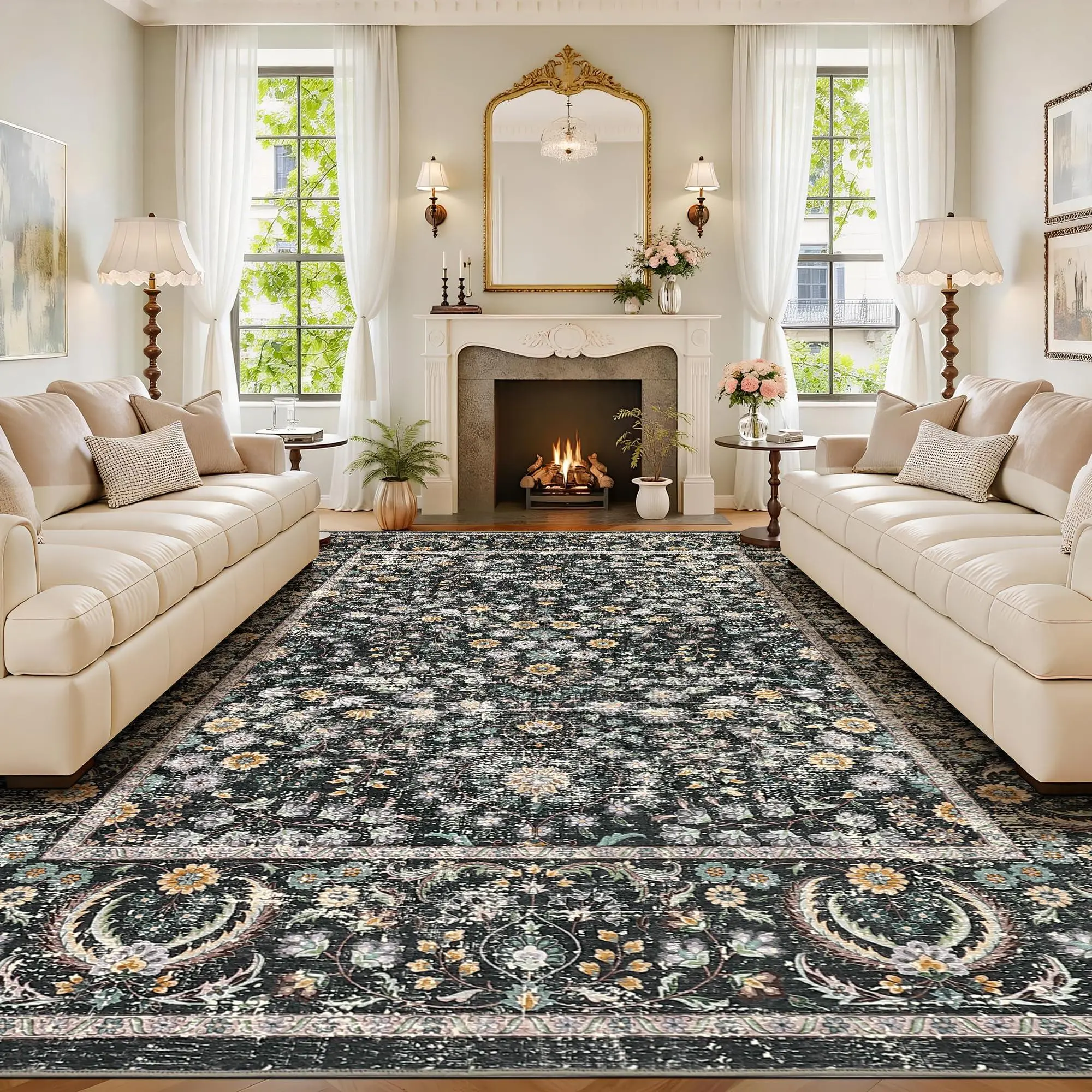 8x10 Vintage Boho Area Rug, Washable Floral Non-Slip Low-Pile Rugs, Stain Resistant Soft Carpet for Living Room, Bedroom, Stain Resistant Soft Carpet for Living Room Decor, Green