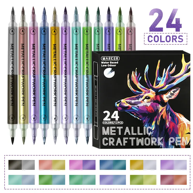 Multicolor Dual-Tip Metallic Acrylic Markers Set - Stunning Designs Office Stationery for Scrapbooking, DIY Crafts; Writing Art Supplies for Black Paper, Rock, Wood, Canvas
