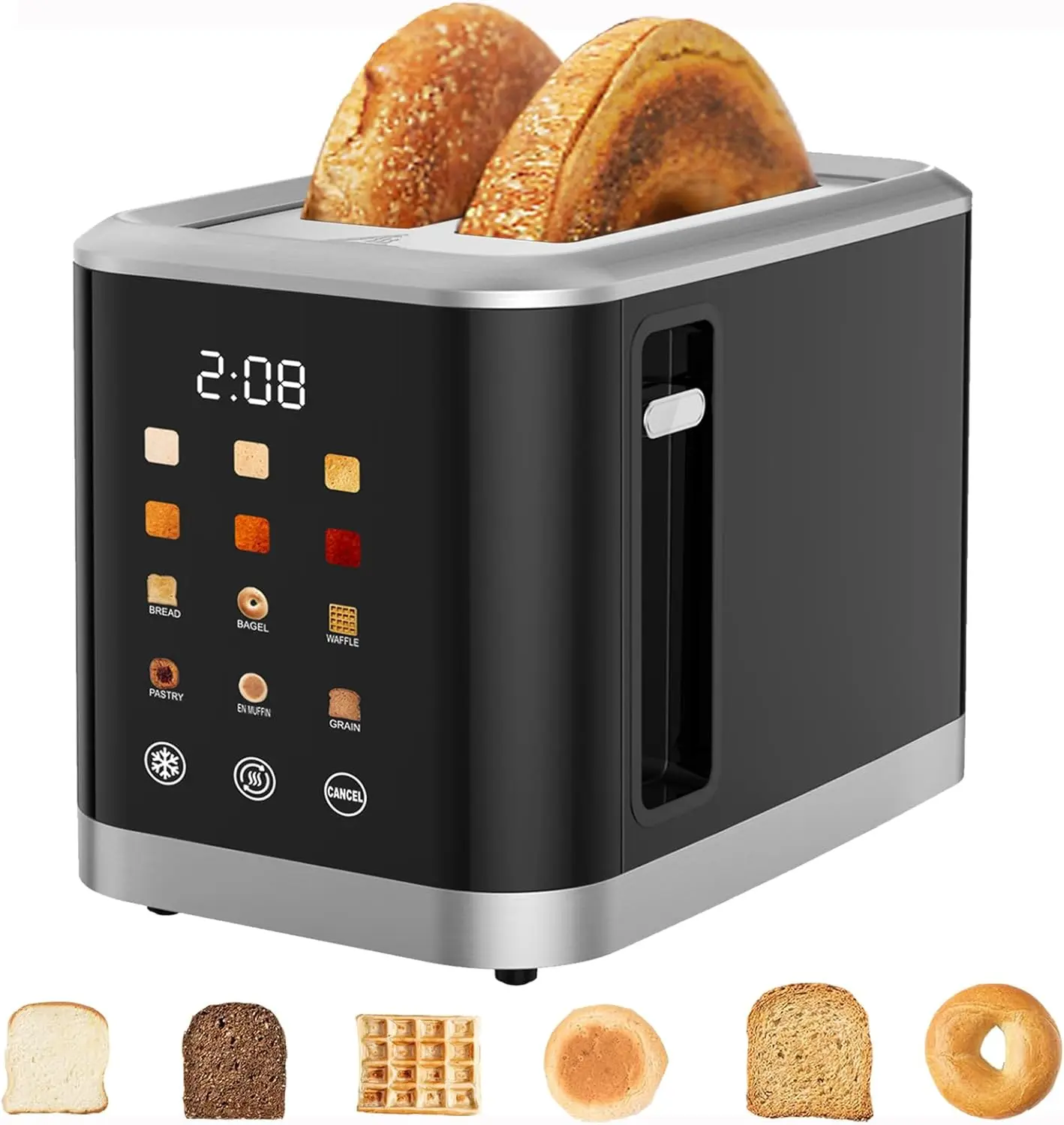 2-Slice Digital Touch Screen Kitchen Toaster, Household Appliances Countertop Device with 6 Bread Types, 6 Shade Settings, Extra Wide Slots, Bagel, Defrost, Reheat & Cancel Functions