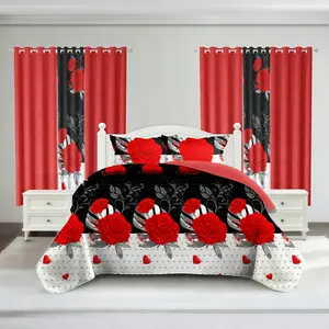 Roses Patterned Designs 9 Piece luxury Bedding set cute bedspread Super soft comfortable microfiber colchas aesthetic floral pattern duvet cover set cover curtain For Farmhouse Bedroom Dorm Decor Queen King Size with Gift Bag Christmas Valentine Theme