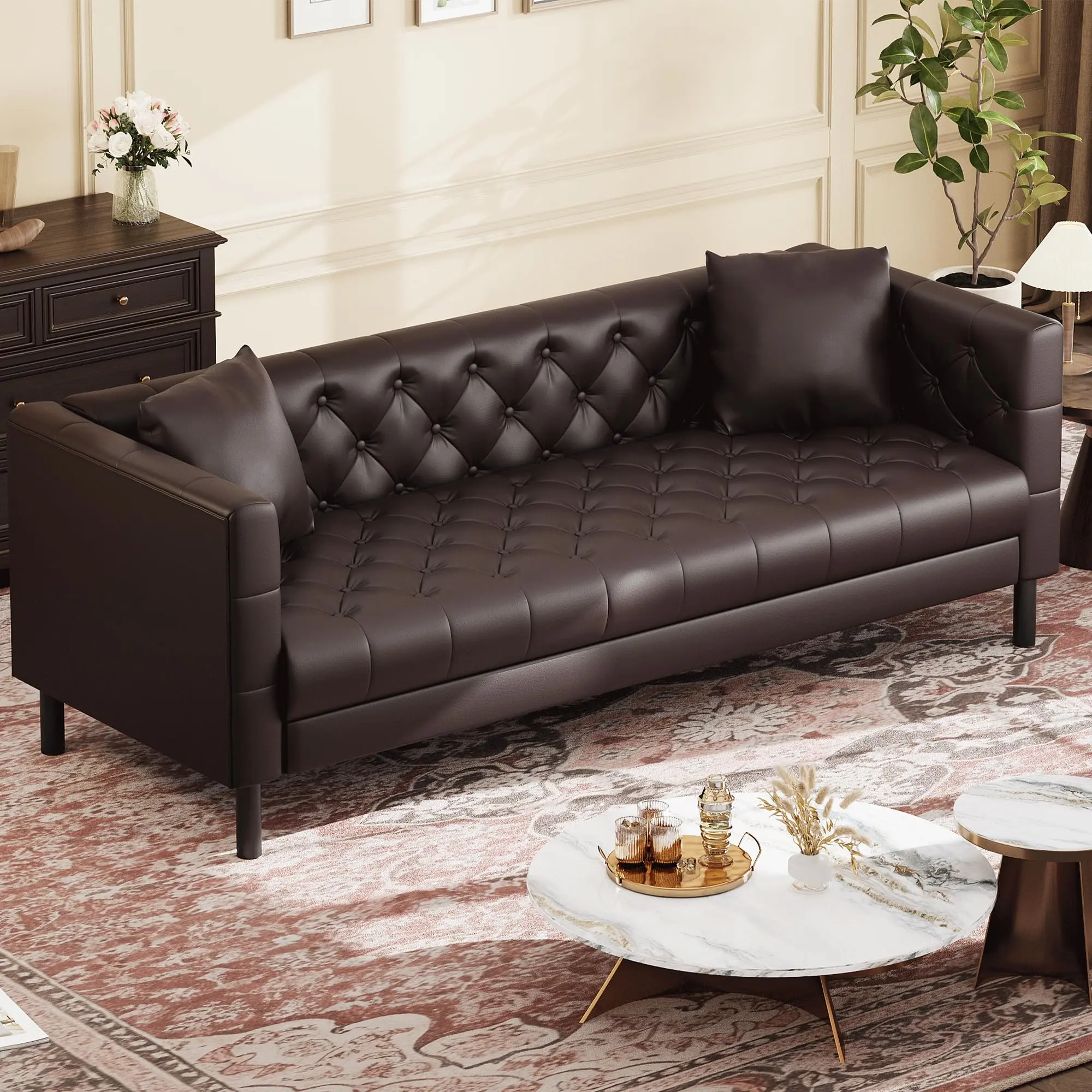 Garvee 81 Inch Mid-Century Modern Chesterfield Leather Sofa with Deep Seats, Button Tufted Design, 3 Seater Couch with 2 Pillows for Living Room, Apartment, or Office in Brown