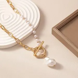 Asymmetric Baroque Pearl Toggle Clasp Necklace Gold Paperclip Chain Pearl Strand Elegant Mixed Media Jewelry for Women Perfect Gift