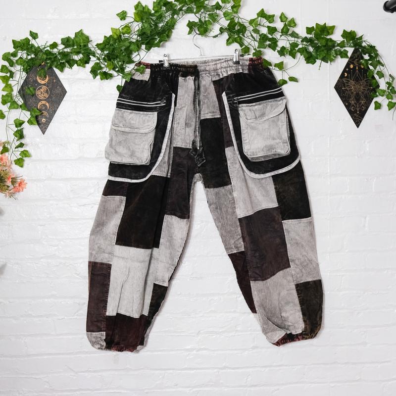 Patchwork Corduroy Baggy Pants, Hippie Harem Pants, Unisex Fall Winter Trousers, Men Women  Multi Pocket Handmade Boho Warm Pants, XS to 3XL, Earth Tone Trousers, Free Spirit Style, Gothic Patch Fashion, Cuffed Trouser