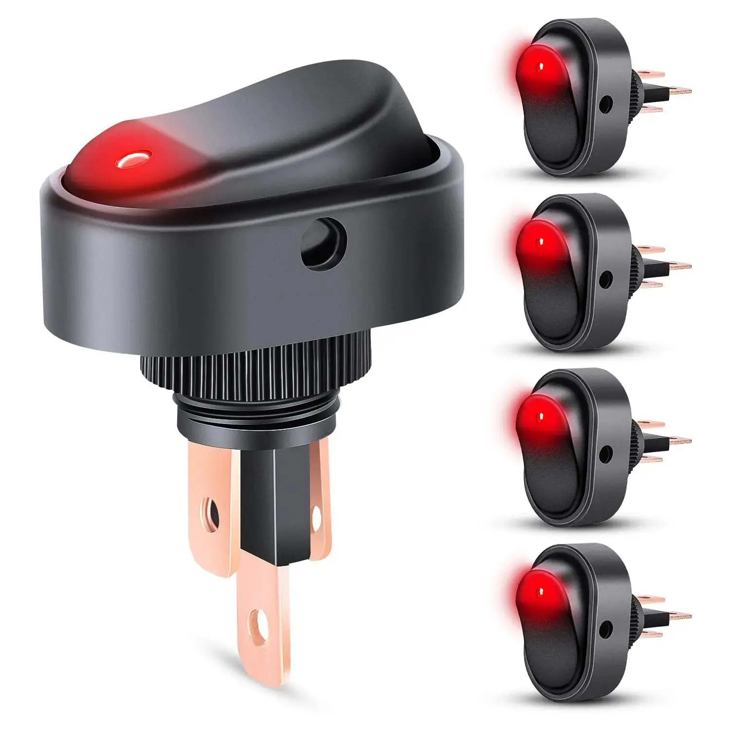 Nilight 5-Pack 12V 30A DC Brass Alloy Round Toggle Switches with Red LED Indicator, ABS Flame-Retardant Casing, Short-Circuit Safe, 100000 Cycles Lifespan, Auto Lock Design, IP34, Easy Installation for Cars, Boats, On-Off Control, Trucks