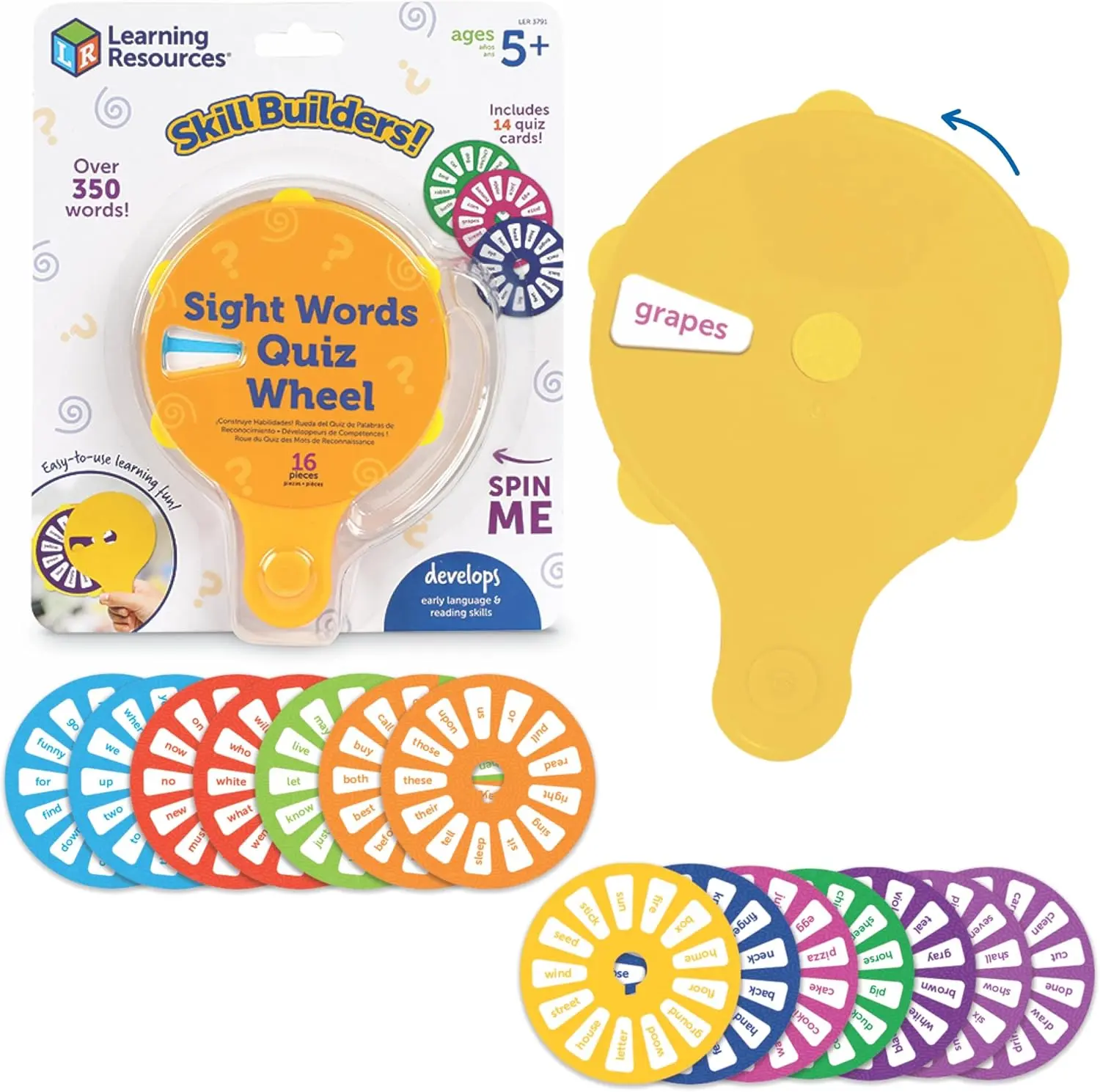 Learning Resources Skill Builders Letter Multiplication Sight Words Quiz Wheel for Kids 5+ with 14 Quiz Cards and Built-In Storage