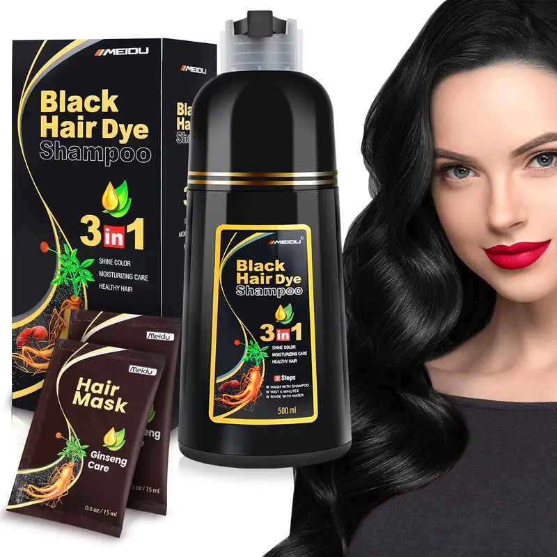 MEIDU Black Hair Dye Shampoo 3 in 1-Can cover gray hairs,Herbal Ingredient.Ginseng Hair Mask-Nourishing Smooth Moisturizer Hydrating. Easter's Gift
