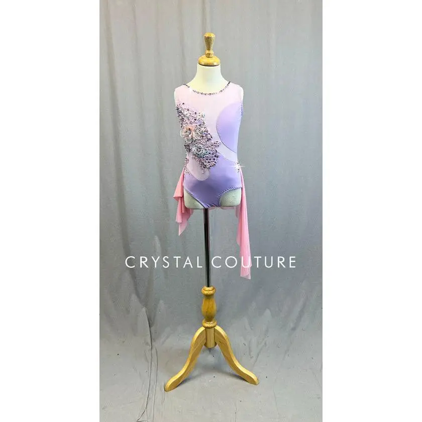 Custom Lilac Leotard with Light Pink Mesh Asymmetrical Skirt - Rhinestones & Appliques