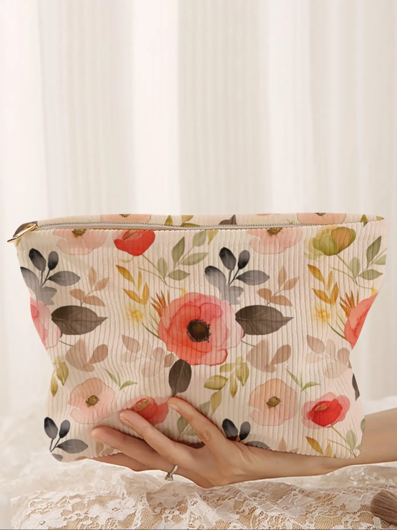 Floral Printed Corduroy Makeup Bag, Cartoon Style, Cute Lightweight Multi-Functional Fashion Casual Cosmetic Pouch, Travel Organizer, Travel Cosmetic Bags