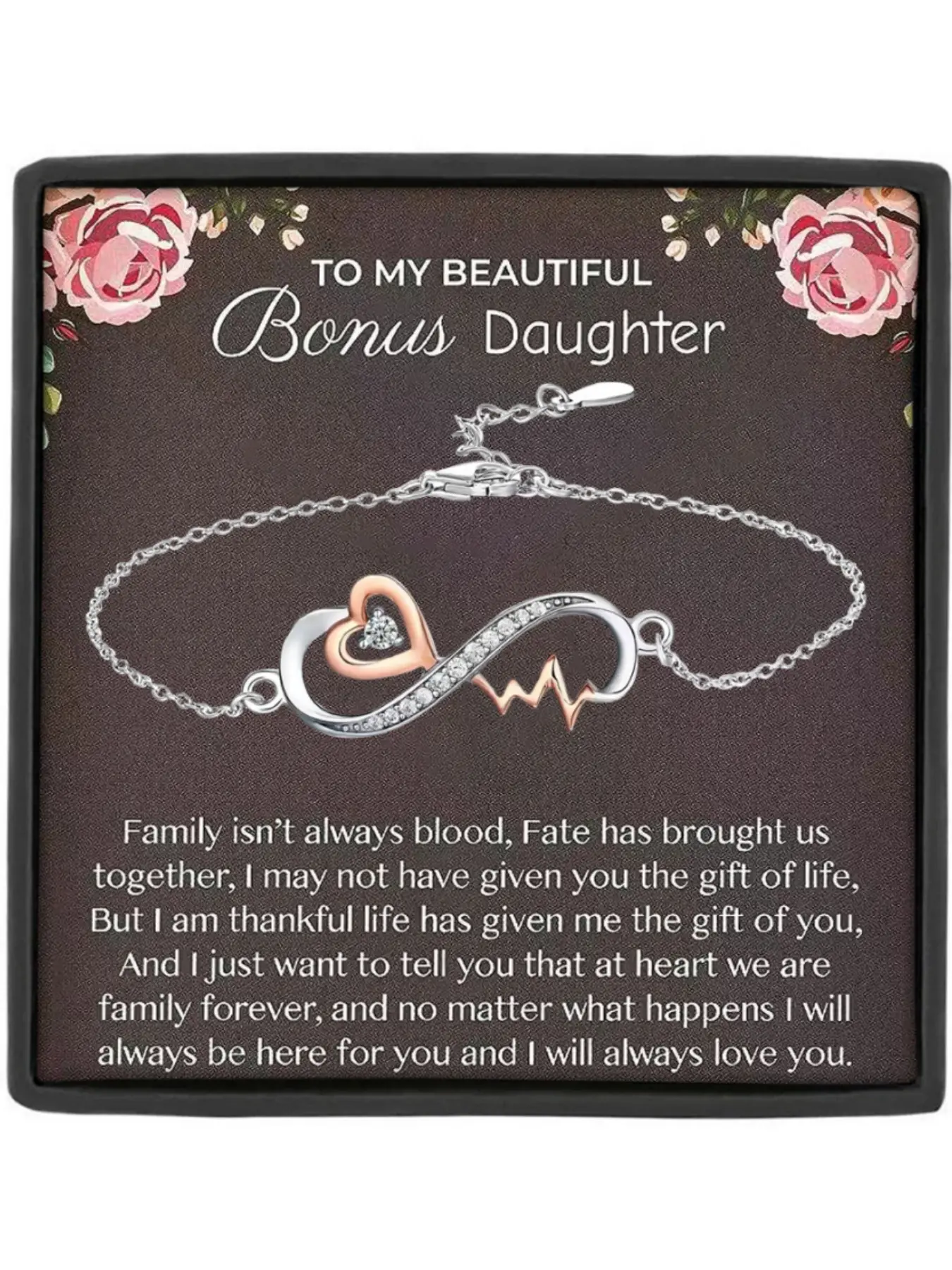 Mother's Day Gift To My Bonus Duaghter Heartbeat Heart Shaped Jewelry Bracelet Gift , Includes Card and Box, Graduation Birthday Christmas Present