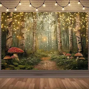 1pc 2D Flat Enchanted Forest Backdrop with Birch Trees, Pathway & Red/White Mushrooms - Durable Polyester Photography Background for Birthday Parties, Outdoor Celebrations, Festivals - No Electrici Banners