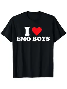 Unisex Emo Graphic T-Shirt |   Gothic Lettering & Red Heart Print Soft Stretchy Round Neck Short Sleeve Black with White & Red Design Sizes S-XXXL Casual Attire Pure 220G