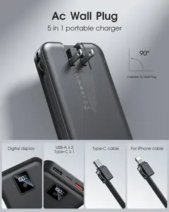 5-in-1 Portable Charger with Built in Cables, Charger with Cords Wires Slim 12000mAh Travel Essentials Battery Pack Fast Charging Power Bank for iPhone  iPad Samsung Google Pixel Charger with Integrated Cables Digital Android multipower ac wall plug