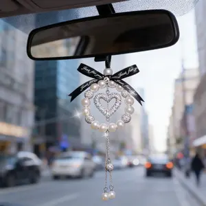 Luxury Rhinestone Pearl Car Hanging Ornament, High-End Car Interior Accessory, Rearview Mirror Pendant, Women's Car Essentials