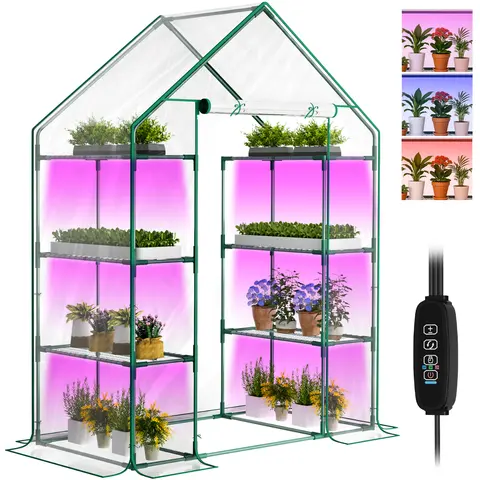 Lilypelle Indoor Mini Portable Greenhouse with Grow Lights, 4/5-Tier Plant Shelf, Zippered PVC Cover, 3 Light Modes, 10 Brightness Levels, 3 Timer Settings, 27.6"(L)x19"(W)x63"(H) for Garden, Flowers, All Seasons Seed Starting, Lightweight
