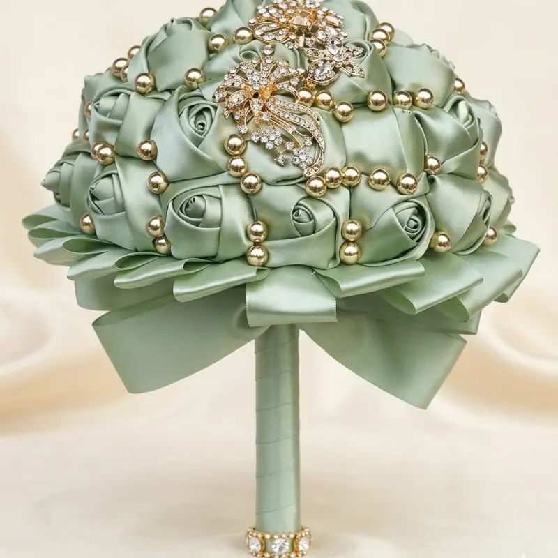Elegant Sage Green Satin Wedding Bouquet for Quinceañera