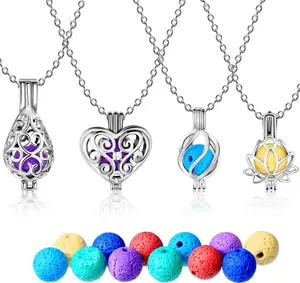 Scent Diffuser Necklace for Women & Men- 4 Pcs Locket Pendant Stainless Steel Necklace with 24 Pcs Refill Lava Stone Balls Gift for Birthday, Anniversary, or Christmas Blulu