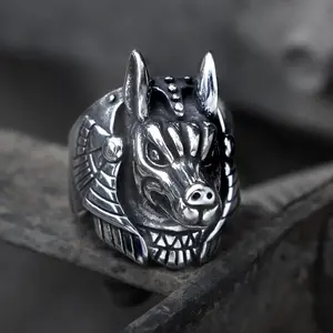 GTHIC Anubis Egyptian Death God Stainless Steel Ring Fashion Accessories for Men