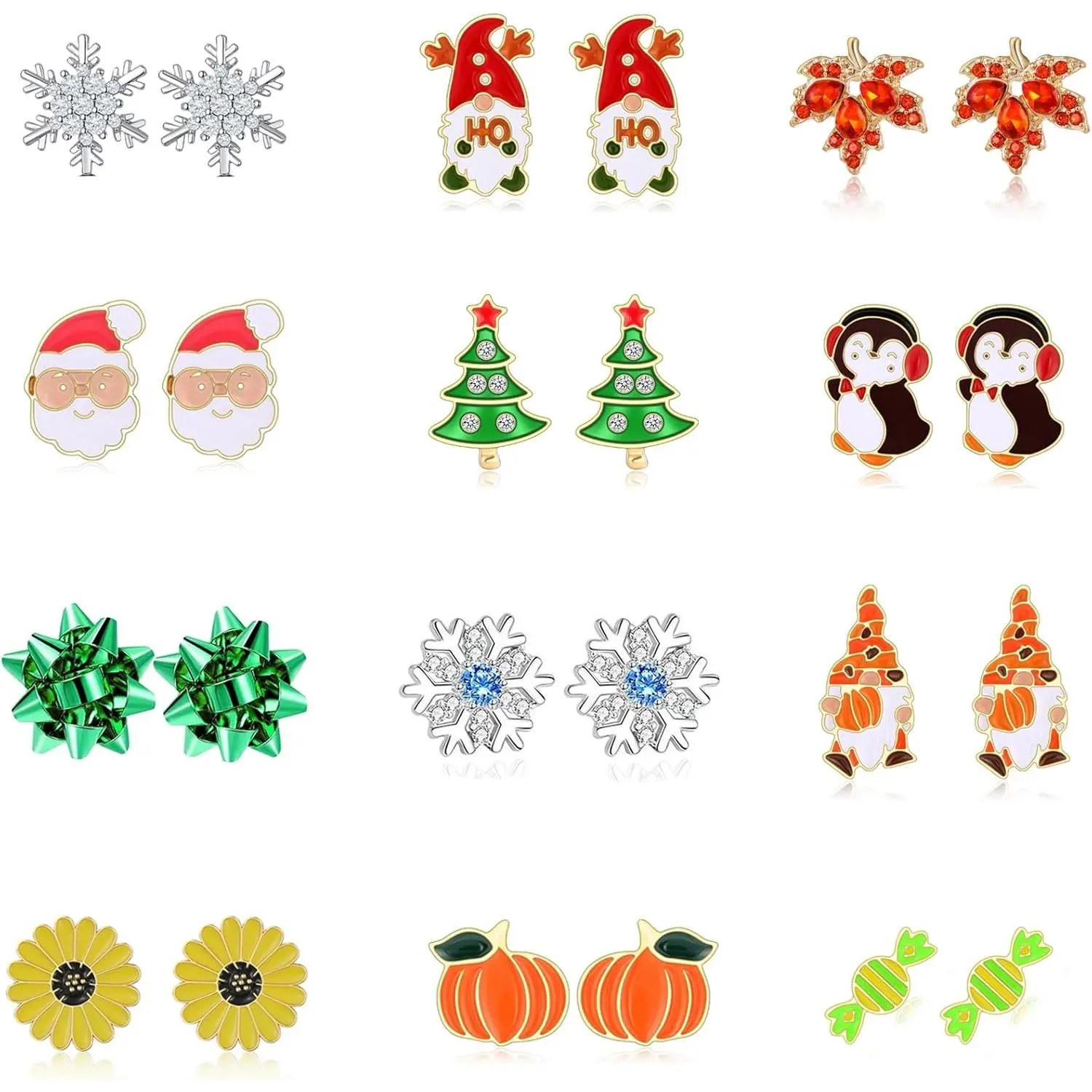 12 Pairs  Christmas Thanksgiving Earrings Set for Girls Women Fall Pumpkin Maple Leaf Earrings Winter Snowflake Christmas Tree Cake Bow Penguin  Earrings Stud Holiday  Gifts