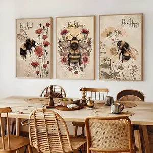 3pcs/set Unframed Vintage Animal Design Bee Flower Inspirational Word Wall Art Decorative Painting, Bee Strong, Happy, Kind Text Vintage Poster