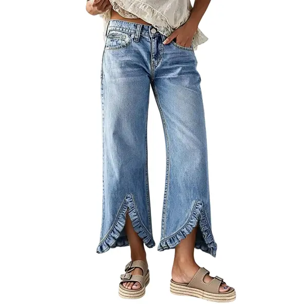 Flamingals Wash Split Ruffle Hem Mid Waist Wide Leg Cropped Jeans Womenswear Stretchy 26.6" Inseam