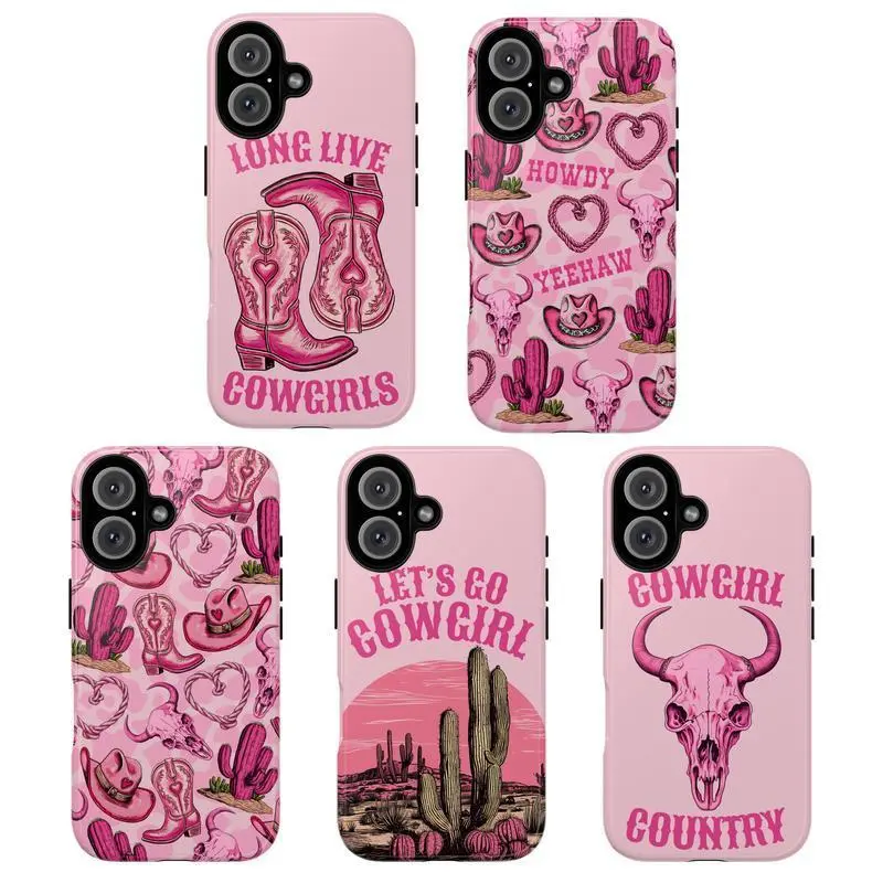 Pink Cowgirl Aesthetic Tough Phone Case, Western Boots, Cactus & Skull Design Y632  Phone Case Compatible with iPhone 17 16 15 14 13 12 11 pro pro max