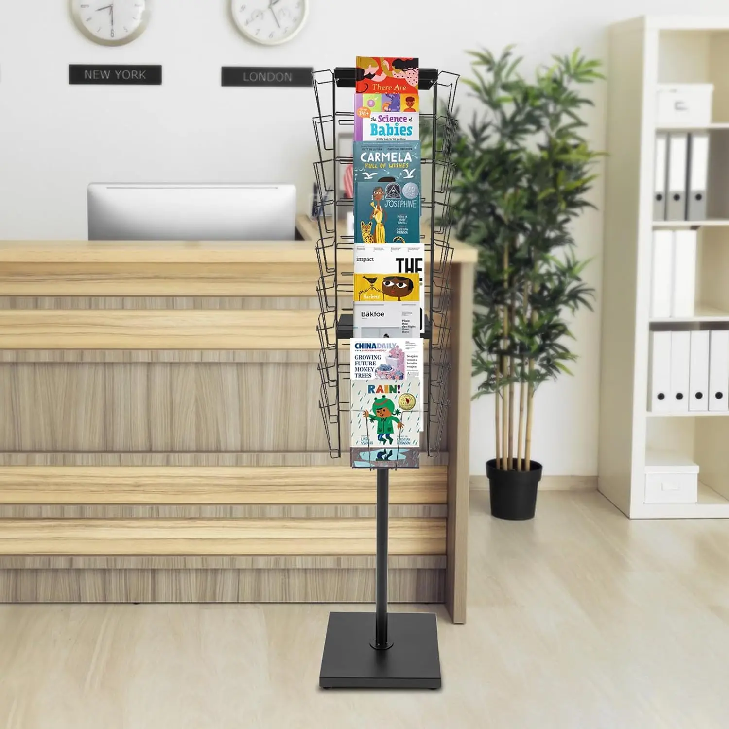 Multifunctional Black Metal Rust-Resistant 36-Pocket 360°Rotating Standing Floor Magazine Rack with Rectangular Base, 60kg Capacity Organizer for Books, Brochures, Flyers, Comic Books, Pamphlets - Ideal for Hotels, Office, Sturdy