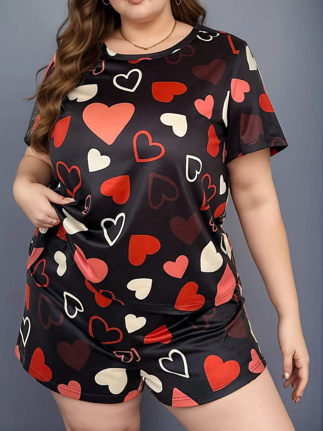 Bottom Multicolor Heart Print Pajama Set, Short Sleeve & Shorts Loose Fit Plus Size, Comfortable Home Casual Sleepwear, Loungewear Sleepwear Set, Loungewear Pjs Set, Loungewear Homewear