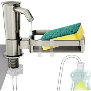 Soap Dispenser Pump for Kitchen Sink with Sponge Rack,ABS Plastic in Counter Soap Dispenser with 39" Extension Tube kit,Built in Dish Soap Dispensers Under Sink,on Countertop,Brushed Nickel