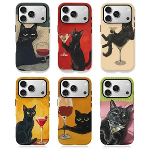 Black Cat & Cocktail Smartphone Protector Cover, 2-Piece Hard Case with Impact Dispersion Tech, Flexible Rubber Liner, Glossy UV-Protected Finish for iPhone 17/16/15/14/13/12/11 ProMax/Plus (Cellphone Button-Compatible)